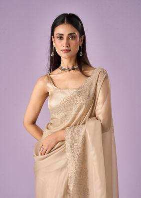 Mohey Women Fawn Organza Saree with Stone Work
