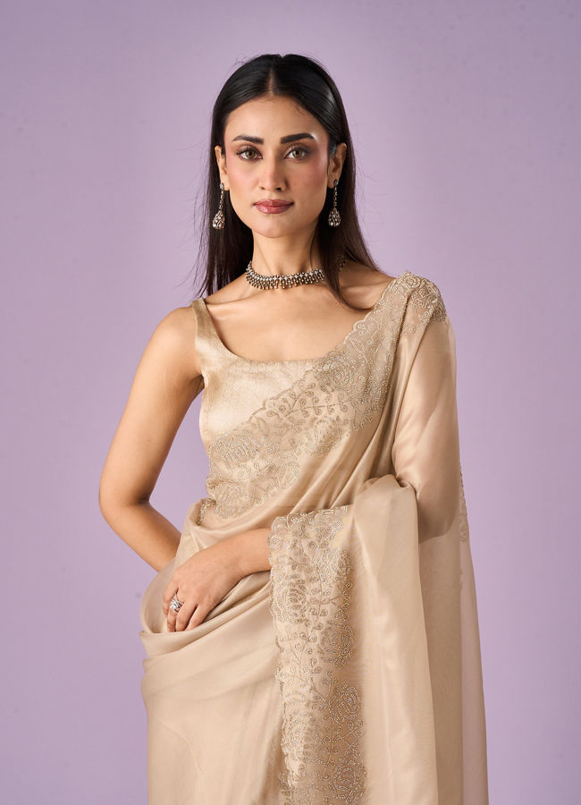 Mohey Women Fawn Organza Saree with Stone Work