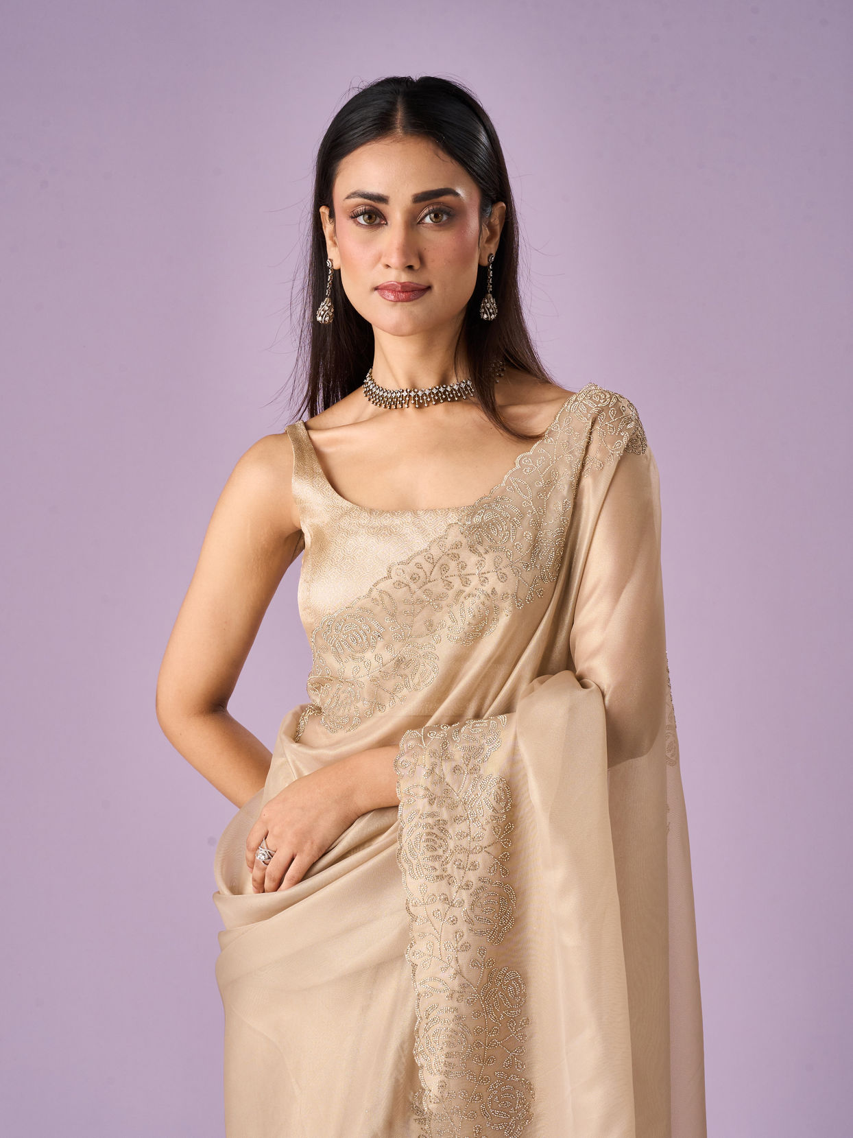 Mohey Women Fawn Organza Saree with Stone Work