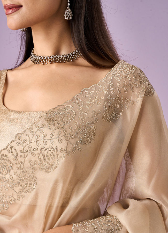 Mohey Women Fawn Organza Saree with Stone Work