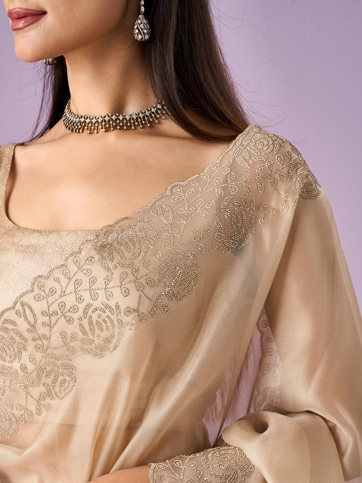Mohey Women Fawn Organza Saree with Stone Work