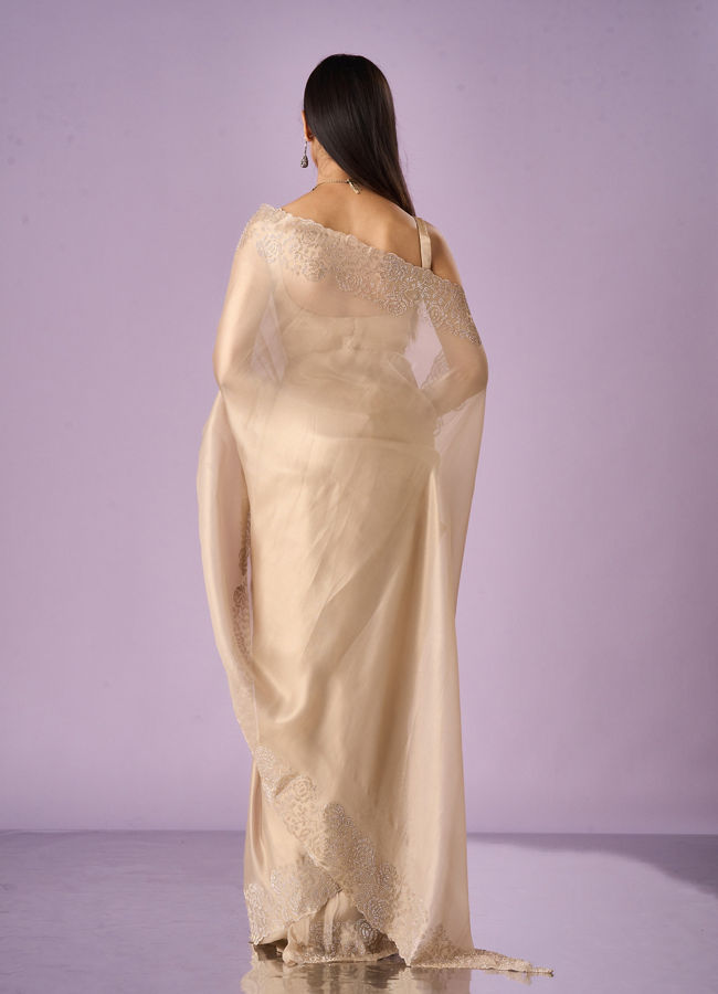 Mohey Women Fawn Organza Saree with Stone Work