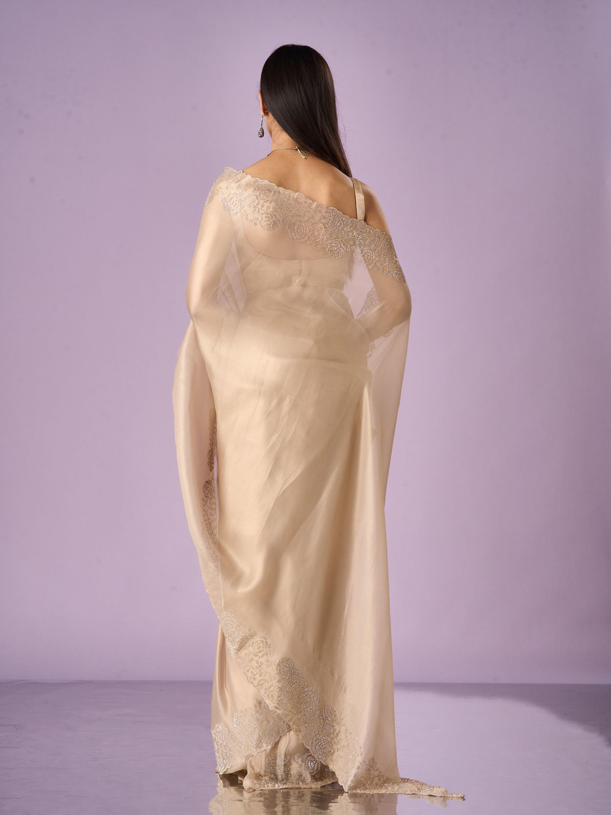 Mohey Women Fawn Organza Saree with Stone Work