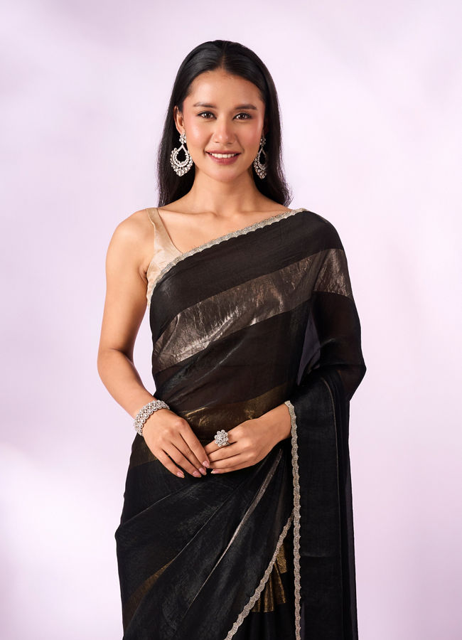 Mohey Women Black Organza Saree with Stone Work