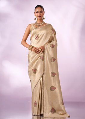 Mohey Women Cream Silk Saree with Print and Stone Work