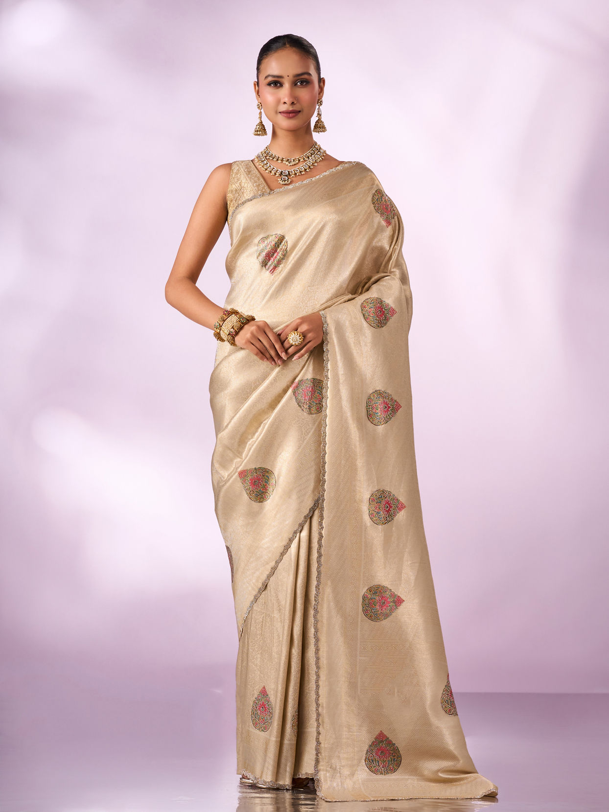 Mohey Women Cream Silk Saree with Print and Stone Work