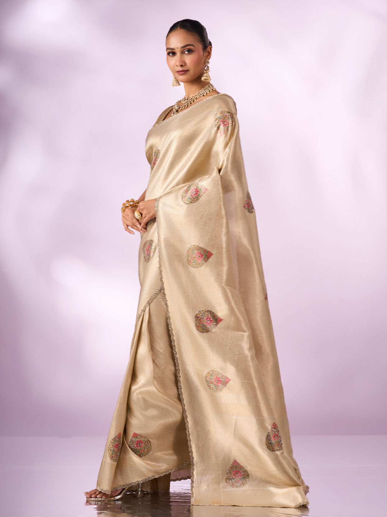 Mohey Women Cream Silk Saree with Print and Stone Work