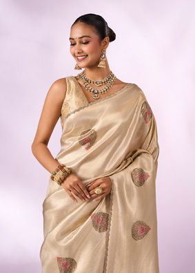 Mohey Women Cream Silk Saree with Print and Stone Work