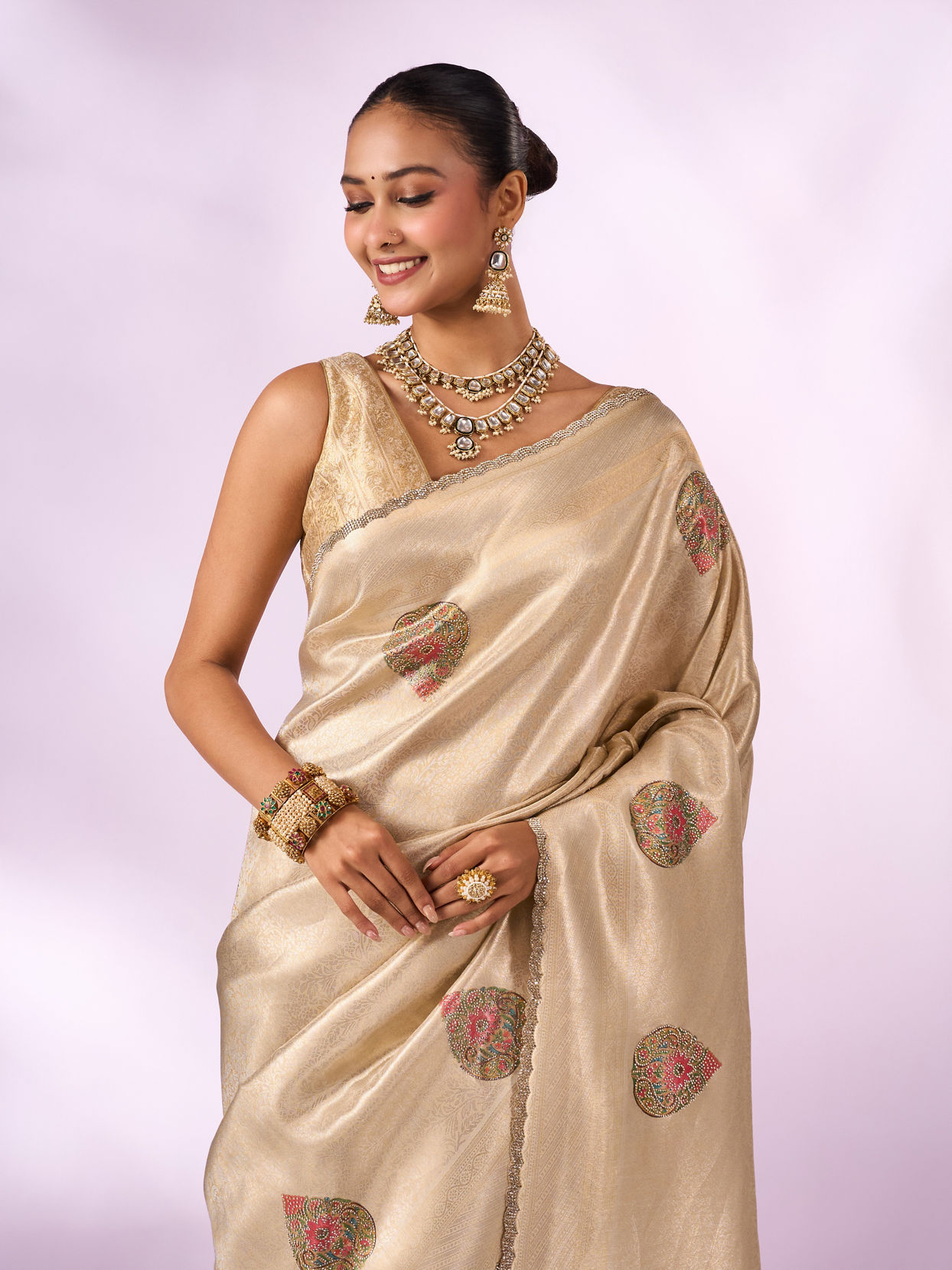 Mohey Women Cream Silk Saree with Print and Stone Work
