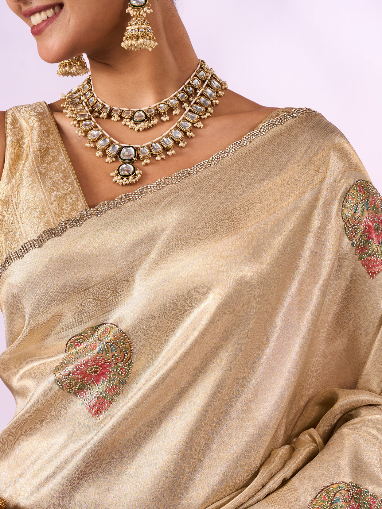 Mohey Women Cream Silk Saree with Print and Stone Work