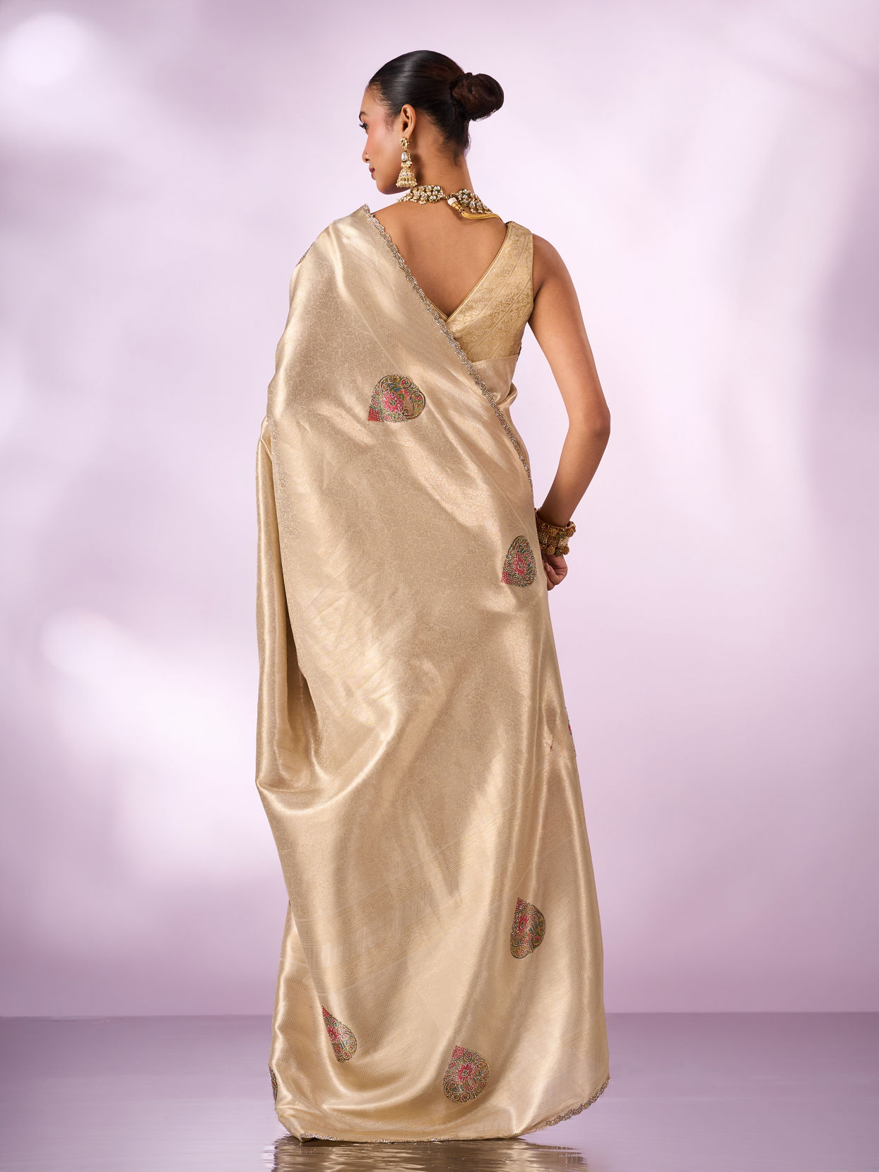 Mohey Women Cream Silk Saree with Print and Stone Work