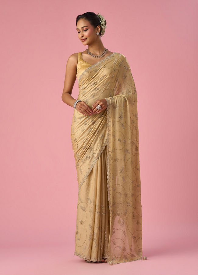 Mohey Women Beige Organza Saree with Stone Work