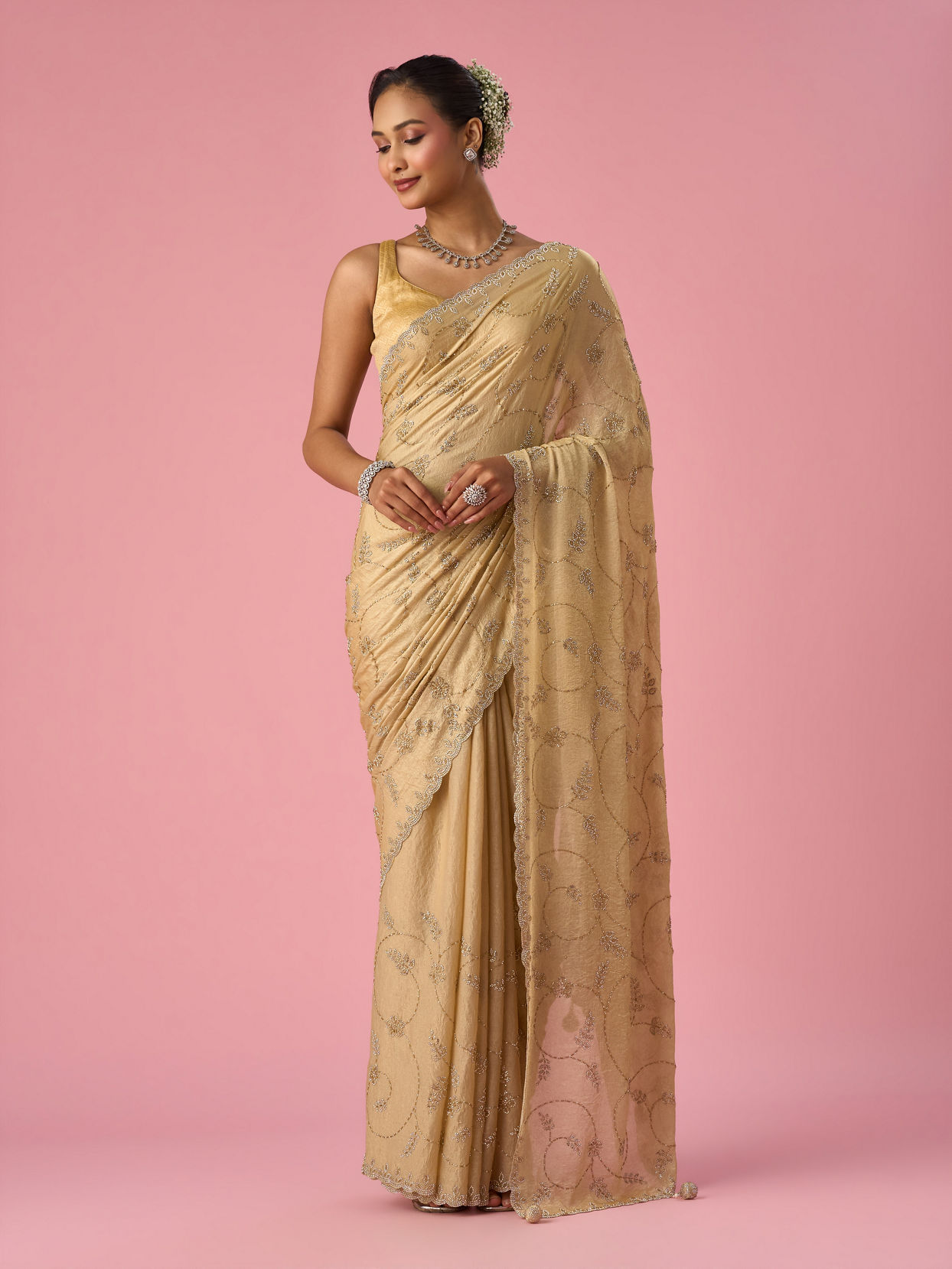 Mohey Women Beige Organza Saree with Stone Work