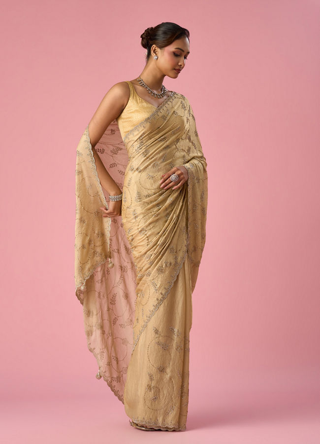 Mohey Women Beige Organza Saree with Stone Work