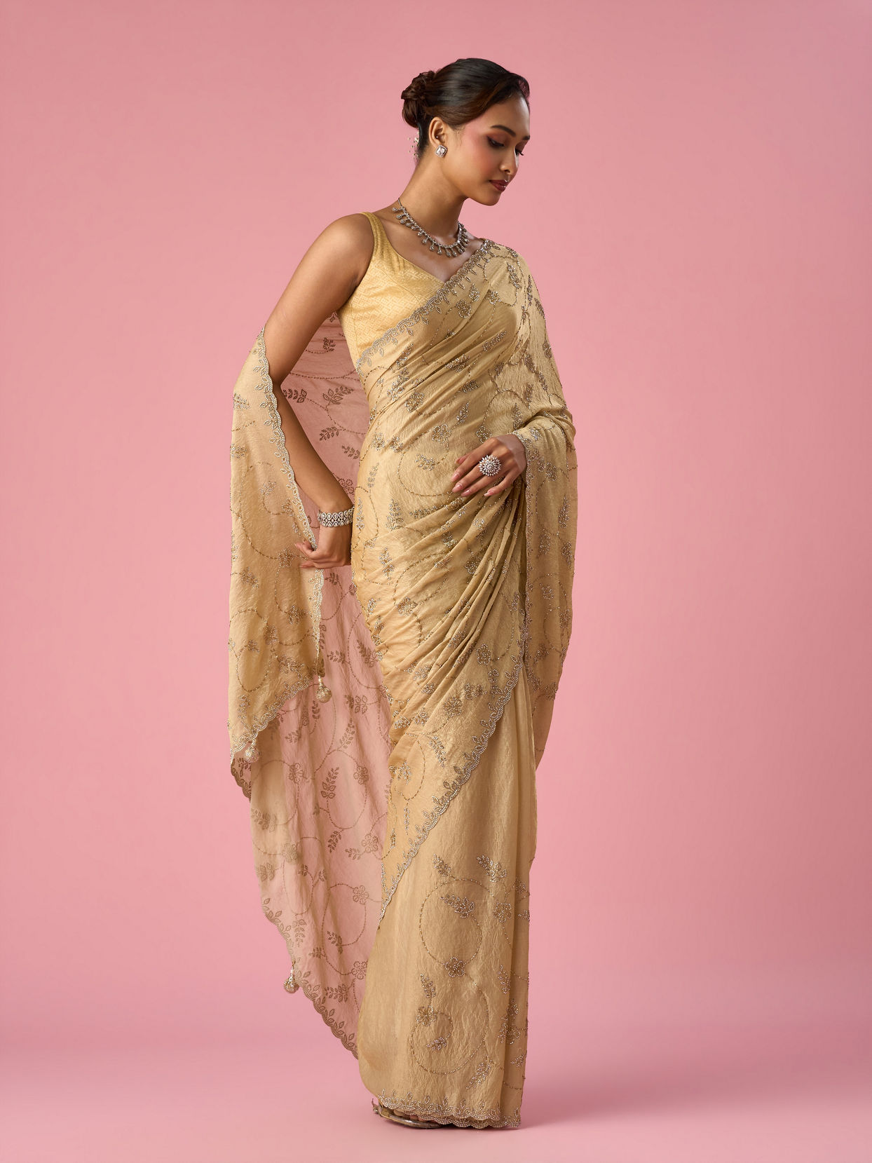 Mohey Women Beige Organza Saree with Stone Work