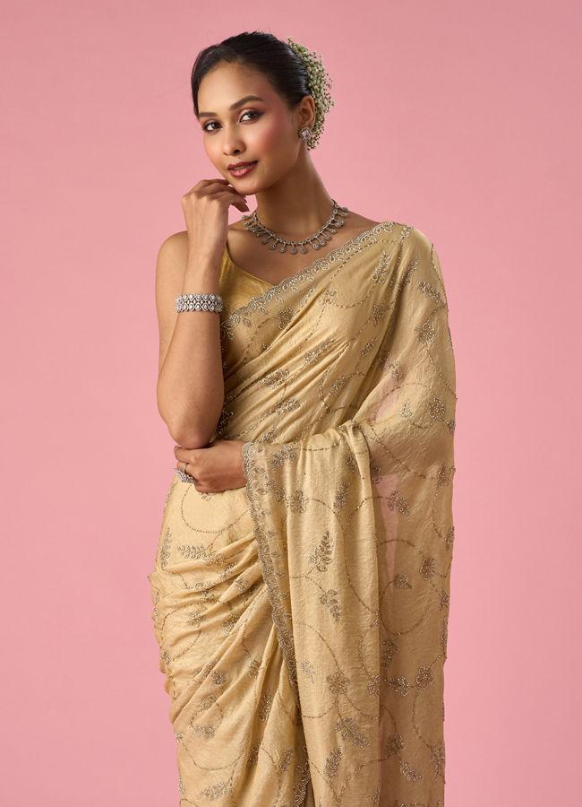 Mohey Women Beige Organza Saree with Stone Work