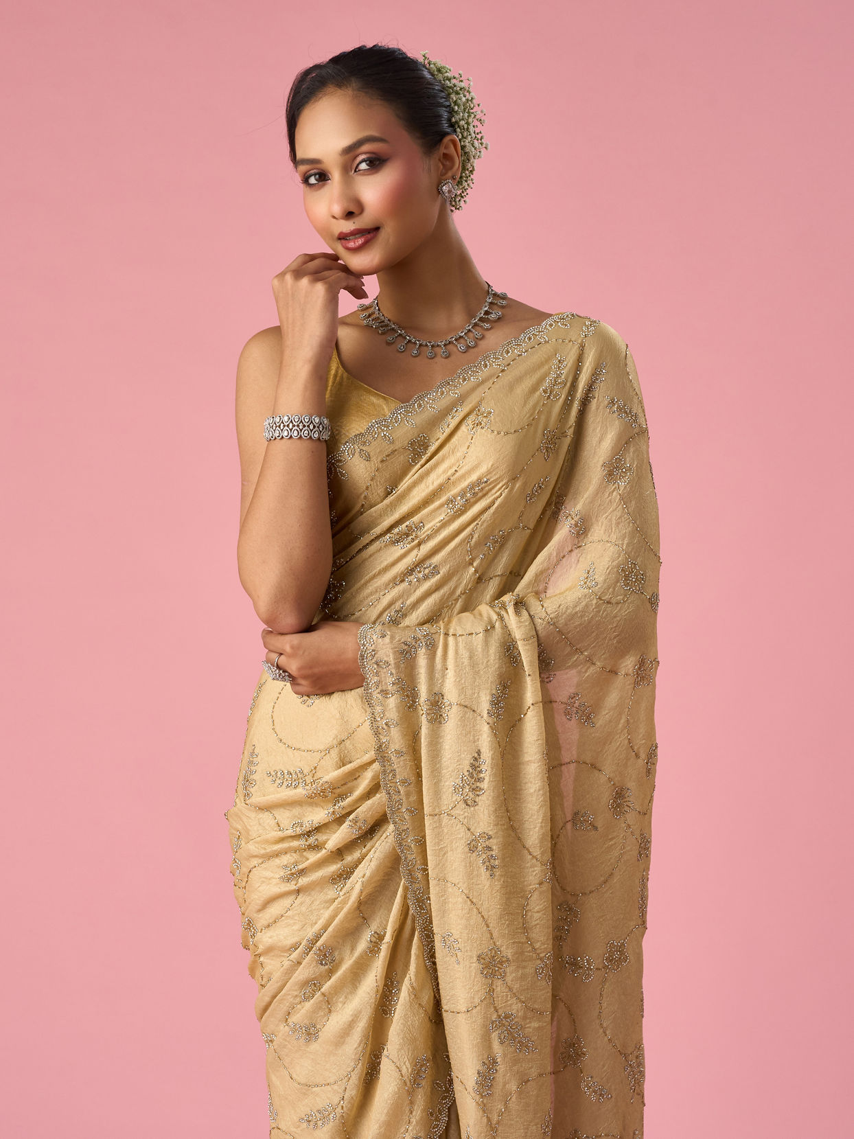 Mohey Women Beige Organza Saree with Stone Work