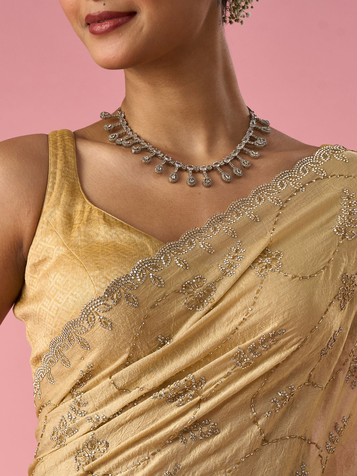 Mohey Women Beige Organza Saree with Stone Work