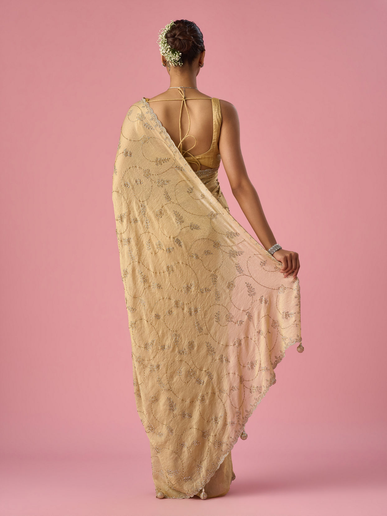 Mohey Women Beige Organza Saree with Stone Work
