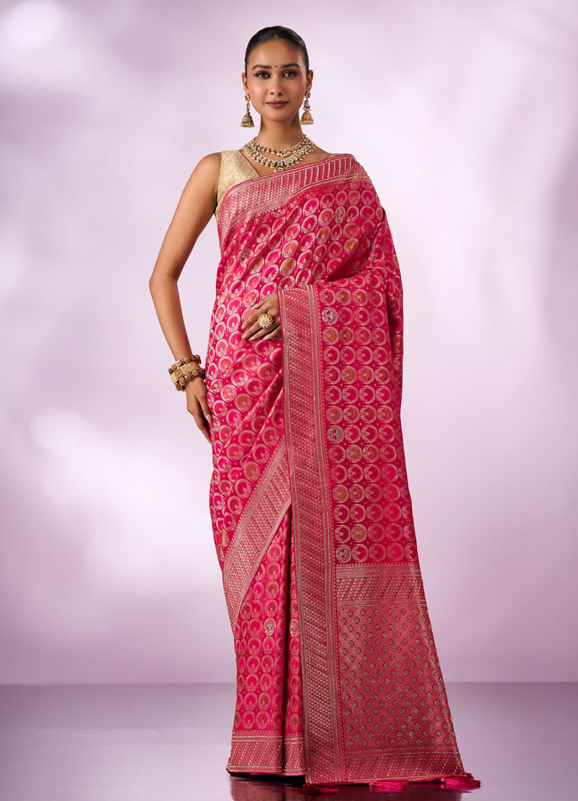 Mohey Women Pink Silk Banarasi Saree with Stone Work