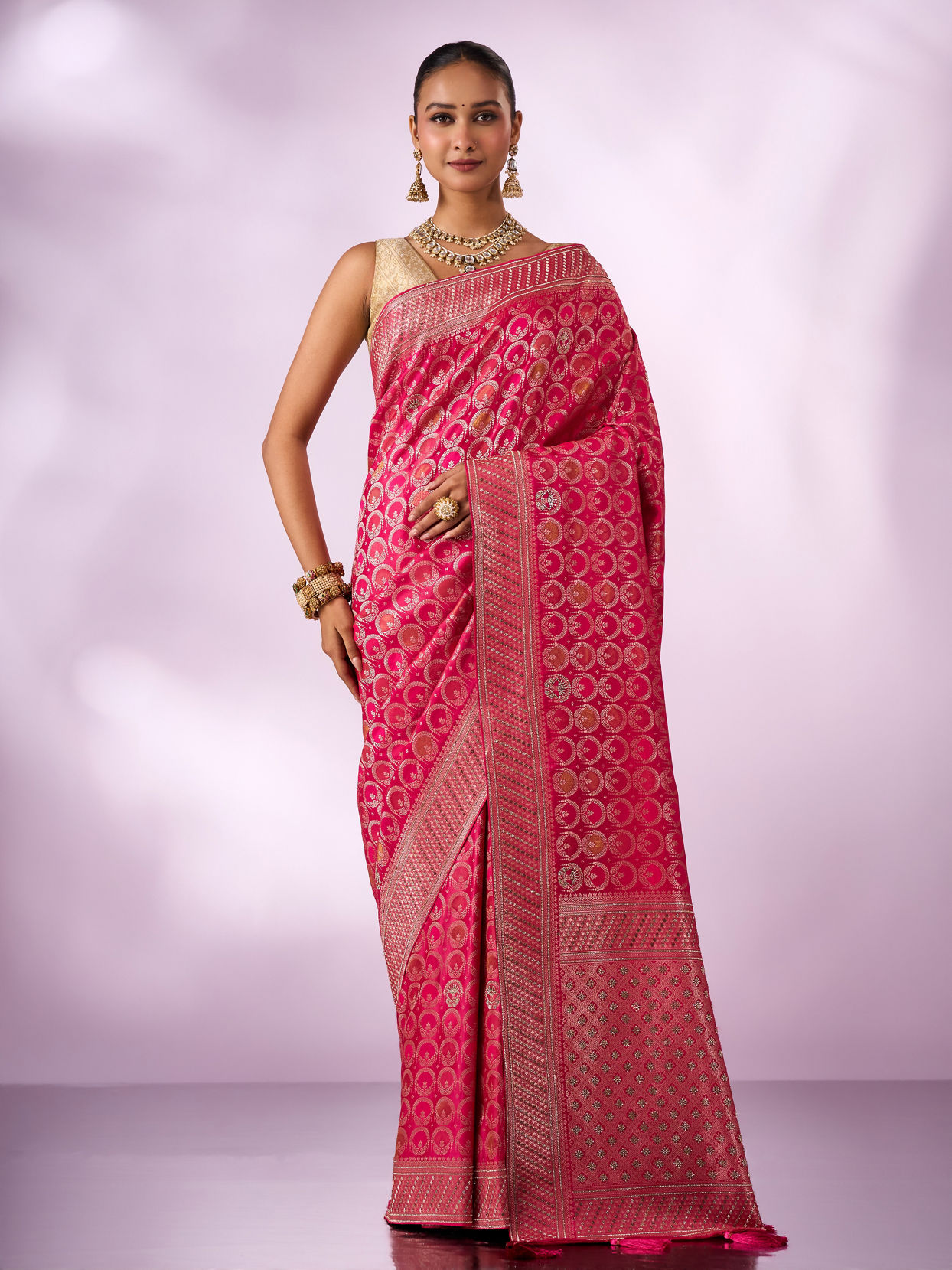 Mohey Women Pink Silk Banarasi Saree with Stone Work