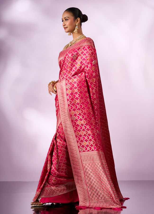 Mohey Women Pink Silk Banarasi Saree with Stone Work