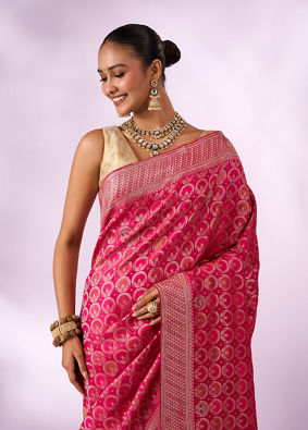 Mohey Women Pink Silk Banarasi Saree with Stone Work