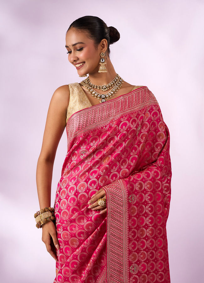 Mohey Women Pink Silk Banarasi Saree with Stone Work