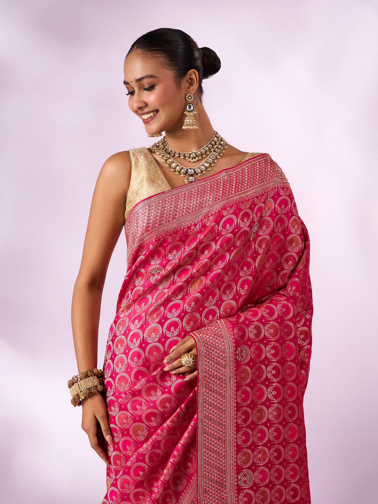 Mohey Women Pink Silk Banarasi Saree with Stone Work