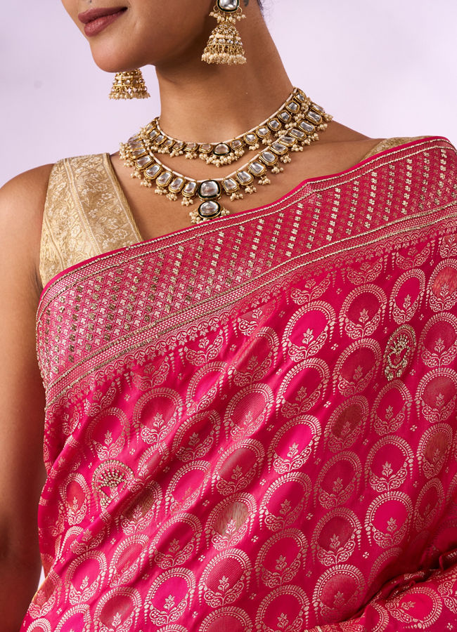 Mohey Women Pink Silk Banarasi Saree with Stone Work