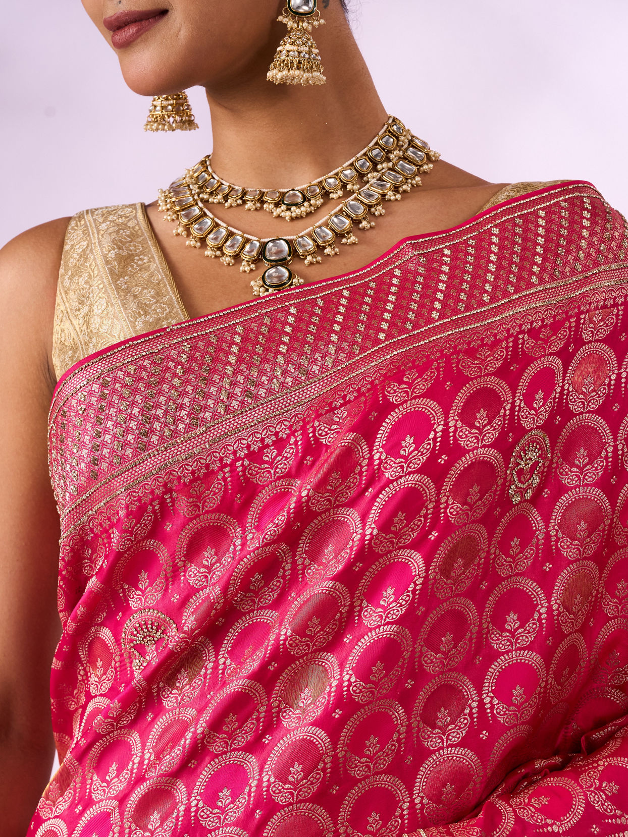 Mohey Women Pink Silk Banarasi Saree with Stone Work