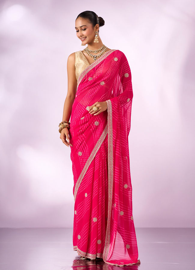 Mohey Women Pink Chiffon Saree with Stone Work