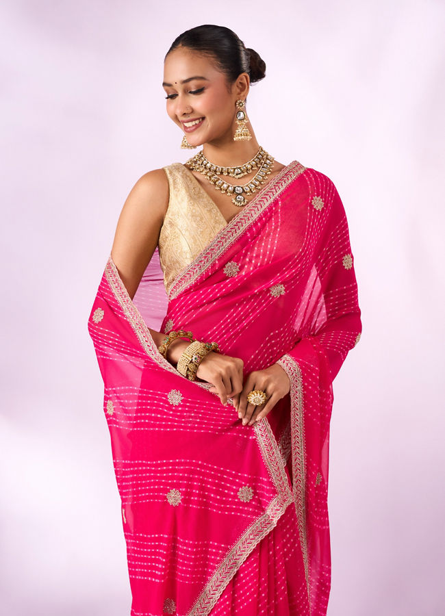 Mohey Women Pink Chiffon Saree with Stone Work