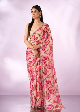 Mohey Women Pink Organza Saree with Floral Print