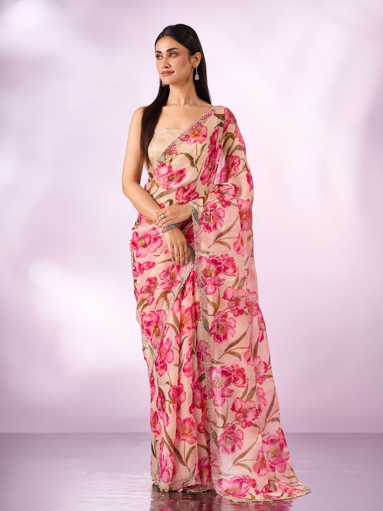 Mohey Women Pink Organza Saree with Floral Print