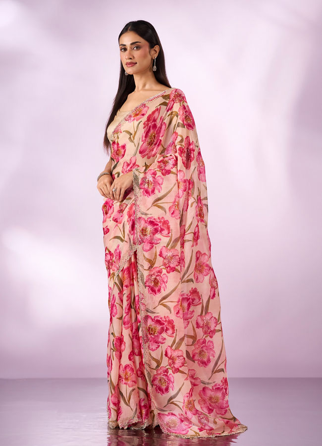 Mohey Women Pink Organza Saree with Floral Print
