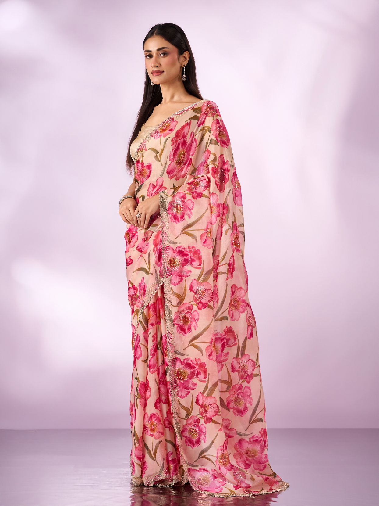 Mohey Women Pink Organza Saree with Floral Print