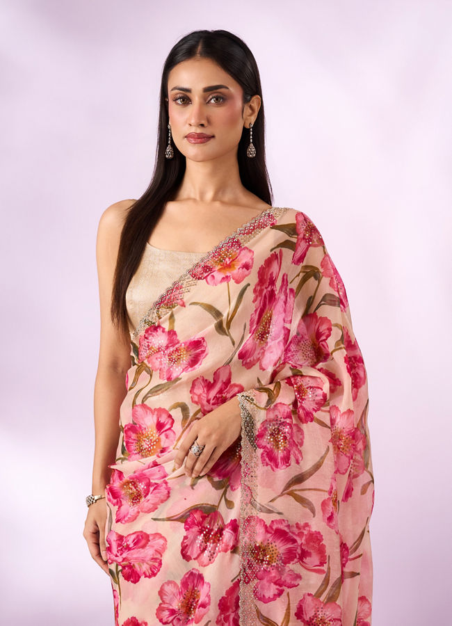 Mohey Women Pink Organza Saree with Floral Print