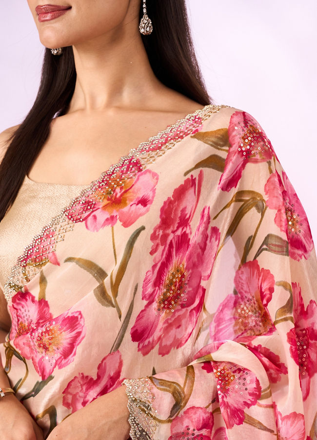 Mohey Women Pink Organza Saree with Floral Print