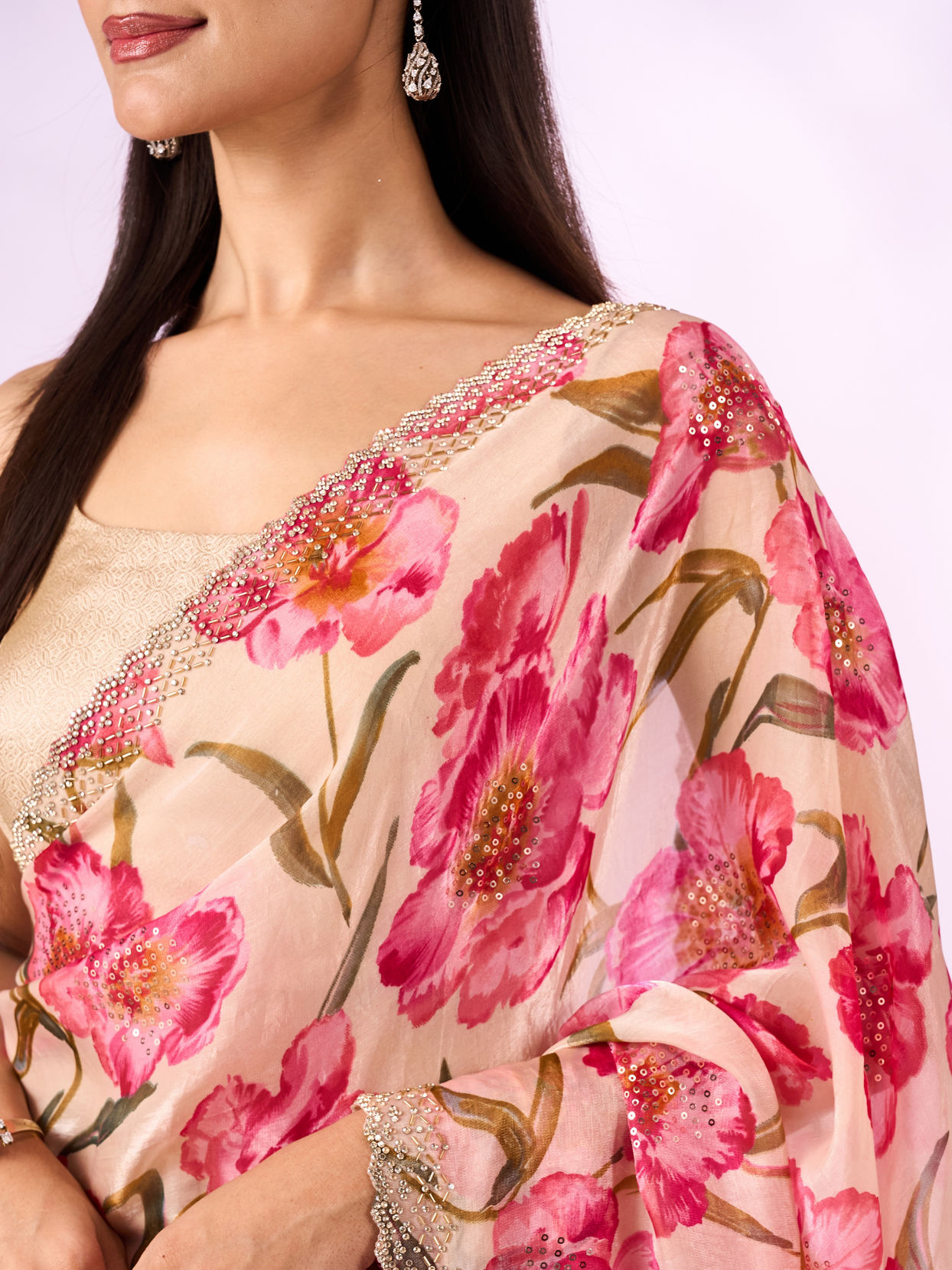 Mohey Women Pink Organza Saree with Floral Print