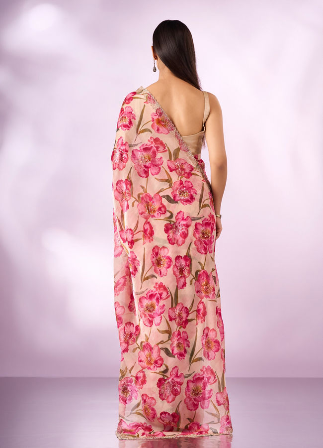 Mohey Women Pink Organza Saree with Floral Print