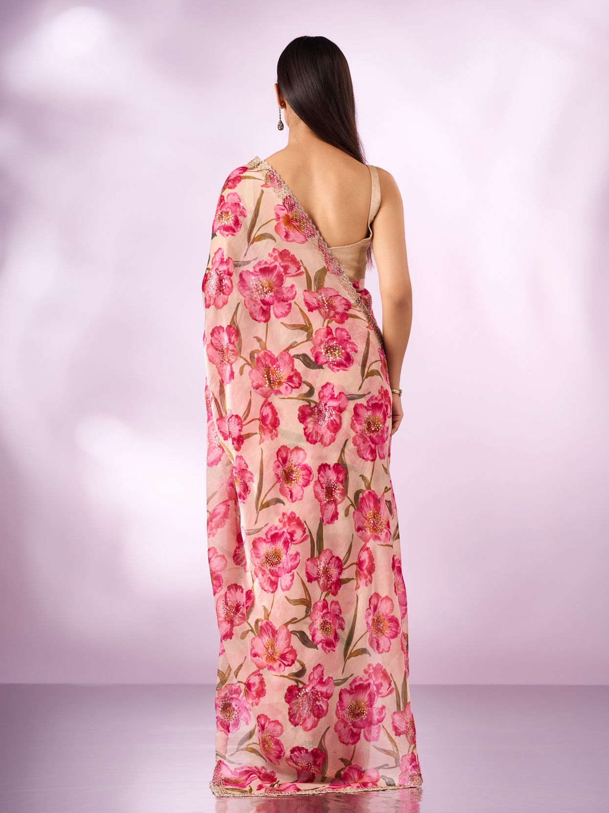 Mohey Women Pink Organza Saree with Floral Print