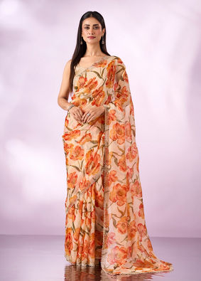 Mohey Women Orange Organza Saree with Cutdana Work