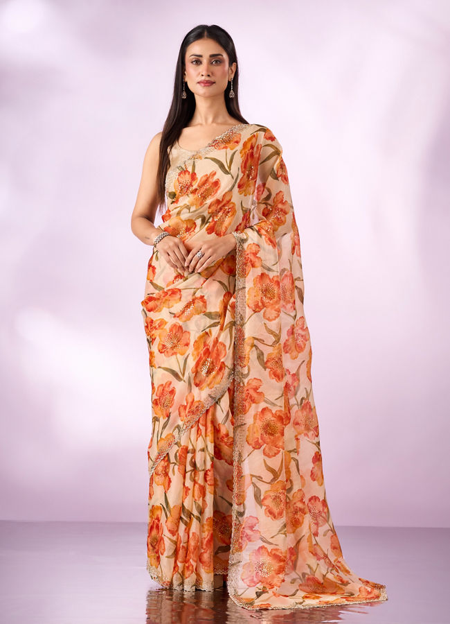 Mohey Women Orange Organza Saree with Cutdana Work