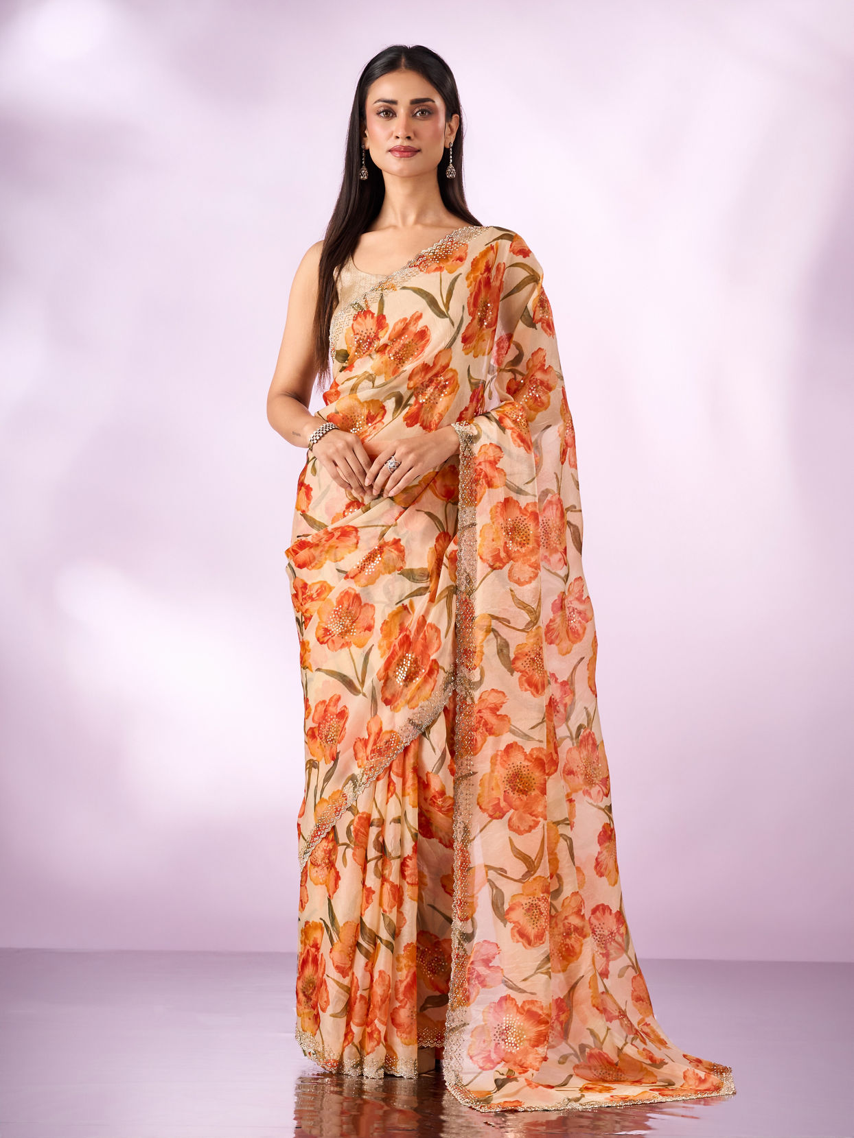Mohey Women Orange Organza Saree with Cutdana Work