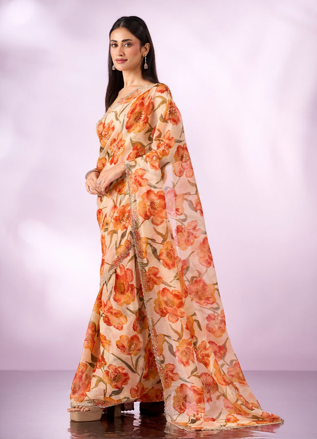 Mohey Women Orange Organza Saree with Cutdana Work