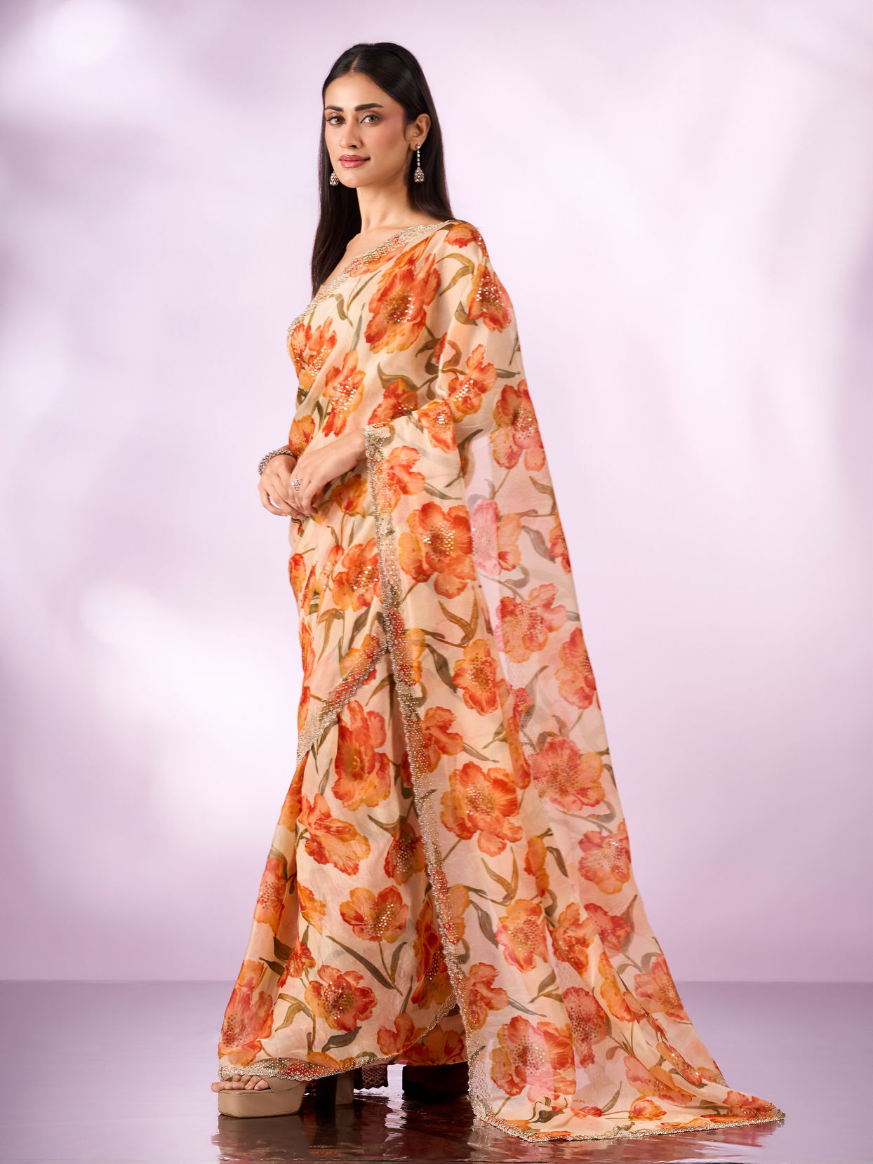 Mohey Women Orange Organza Saree with Cutdana Work