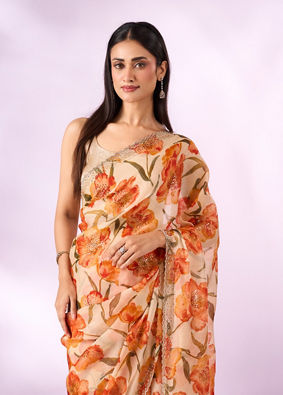 Mohey Women Orange Organza Saree with Cutdana Work