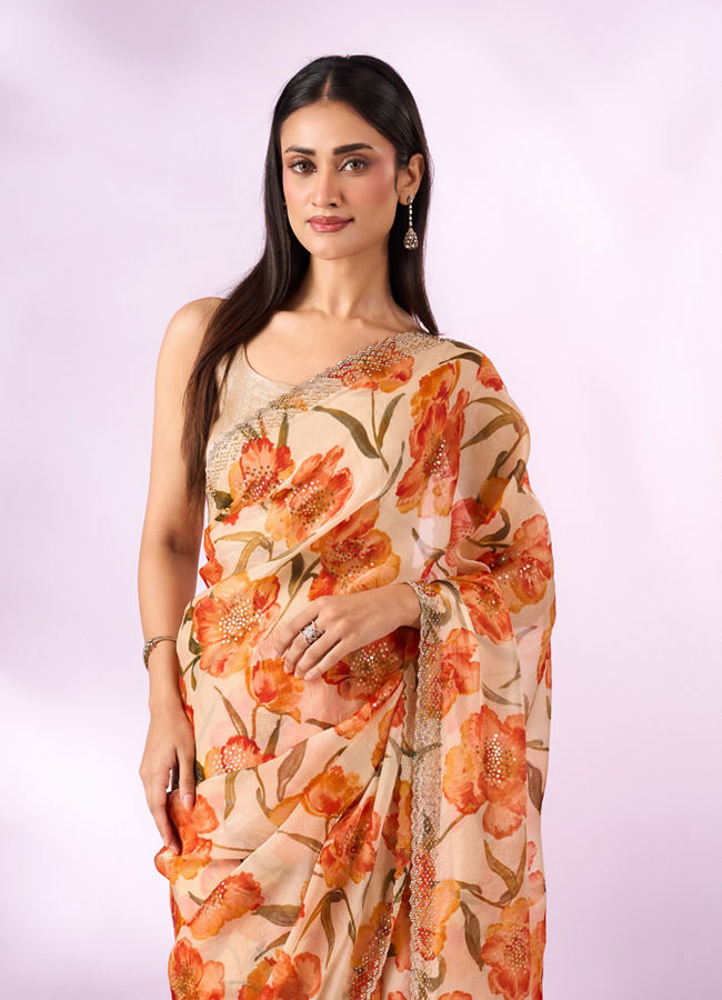 Mohey Women Orange Organza Saree with Cutdana Work
