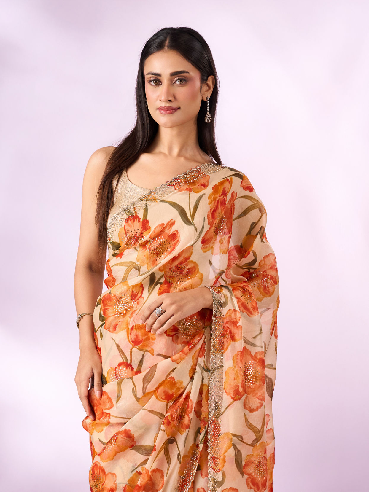 Mohey Women Orange Organza Saree with Cutdana Work